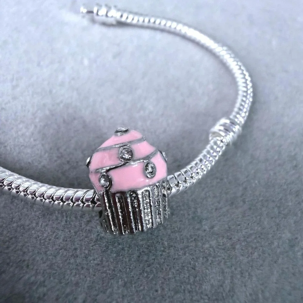 Pink Enamel Cupcake Silver European Charm fits PANDORA